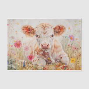 Niedliche Hochlandkuh mit Wildblumen für Decoupage Seidenpapier