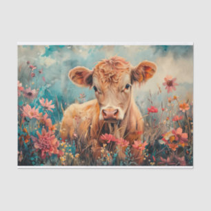 Niedliche Hochlandkuh mit Wildblumen für Decoupage Seidenpapier