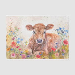 Niedliche Hochlandkuh mit Wildblumen für Decoupage Seidenpapier