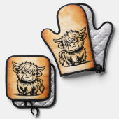 Niedliche Hochlandkuh Ofenhandschuh & Topflappen-Set (Vorderseite/Rückseite)