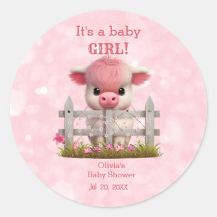 Niedliche Hochlandkuh Pink Babydusche Personalisie Runder Aufkleber