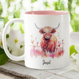 Niedliche Hochlandkuh Pink Floral Wasserfarbe Zweifarbige Tasse