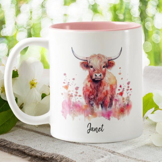 Niedliche Hochlandkuh Pink Floral Wasserfarbe Zweifarbige Tasse