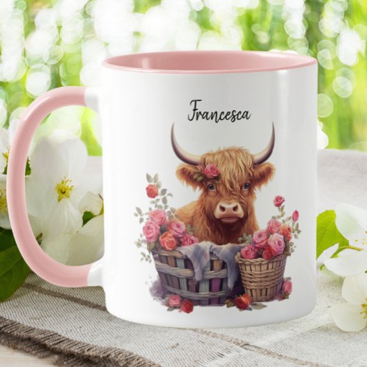 Niedliche Hochlandkuh Pink Pasta Floral Wasserfarb Tasse