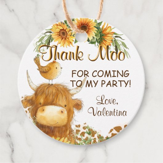 Niedliche Hochlandkuh Print Bird Sonnenblumen dank Geschenkanhänger (Vorderseite)