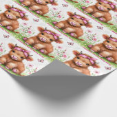 Niedliche Hochlandkuh-Schmetterling-Girl Geburtsta Geschenkpapier (Ecke)