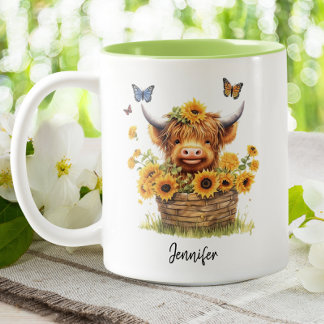 Niedliche Hochlandkuh Sonnenblumen Blütenschmetter Zweifarbige Tasse