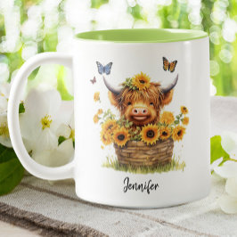 Niedliche Hochlandkuh Sonnenblumen Blütenschmetter Zweifarbige Tasse