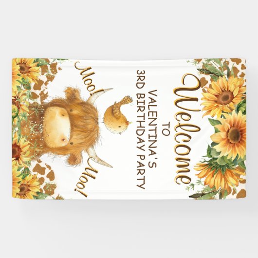 Niedliche Hochlandkuh Sonnenblumen Moo Party Willk Banner (Horizontal)