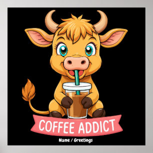 Niedliche Hochlandkuh trinken Kaffee Addict Witz S Poster