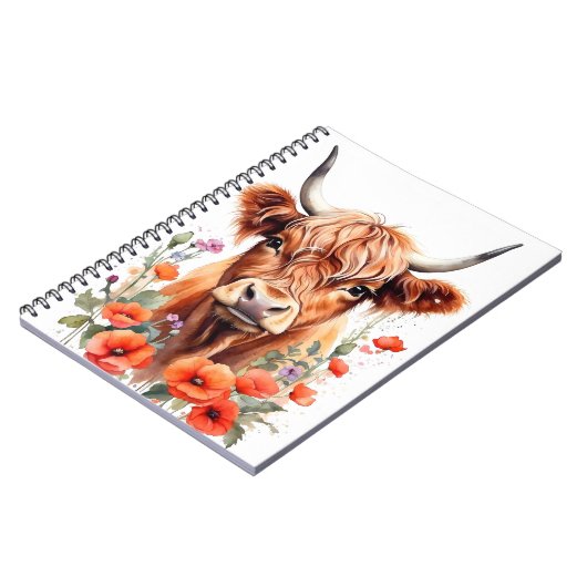 Niedliche Hochlandkuh- und Mohnfarben-Blume Notizblock (Linke Seite)