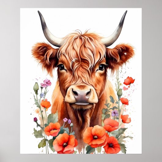 Niedliche Hochlandkuh- und Mohnfarben-Blume Poster (Vorne)