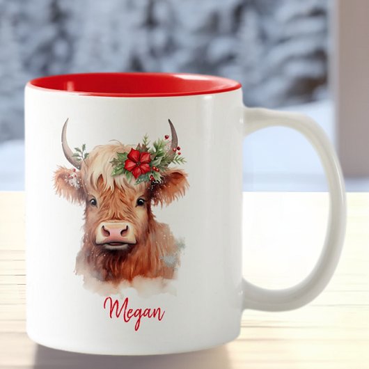 Niedliche Hochlandkuh Weihnachtsfeiertage Weihnach Zweifarbige Tasse