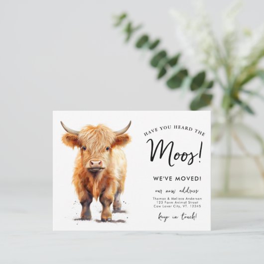 Niedliche Hochlandkuh: Wir haben neue Adressversch Ankündigungspostkarte (Stehend Vorderseite)
