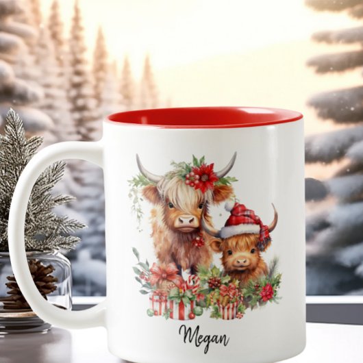 Niedliche Hochlandkühe Kalf Weihnachtsfeierliche W Zweifarbige Tasse