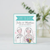 Niedliche Hochzeit Couple Doodle Save the Date nac Postkarte (Stehend Vorderseite)