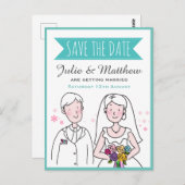 Niedliche Hochzeit Couple Doodle Save the Date nac Postkarte (Vorne/Hinten)