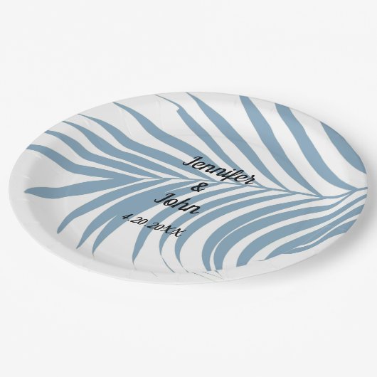 Niedliche Hochzeit mit Palmenblätterblättern Pappteller (Schrägansicht)