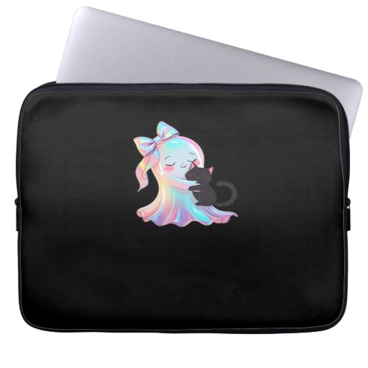 Niedliche Holographic Ghost umarmt Black Cat Cozy Laptopschutzhülle (Vorderseite)