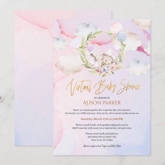 Niedliche Holzkaninchen Blütenrosa virtuelle Dusch Einladung (Vorne/Hinten)