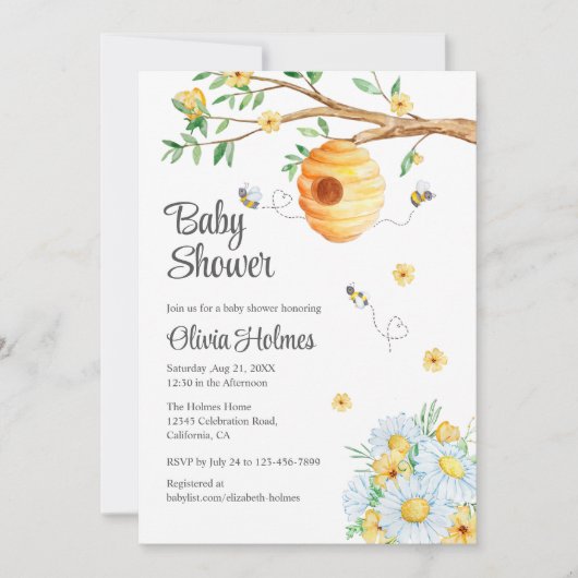 Niedliche Honey Bee und Chamomille Baby Dusche Einladung (Vorderseite)