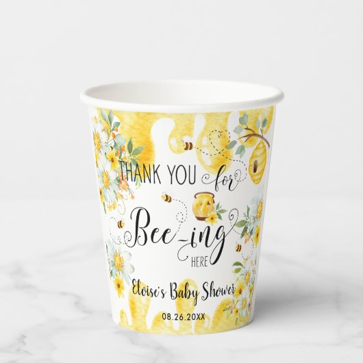 Niedliche Honey Bees Yellow Floral Baby Dusche Pappbecher (Rückseite)