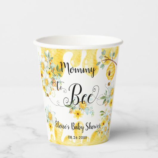Niedliche Honey Bees Yellow Floral Baby Dusche Pappbecher (Vorderseite)