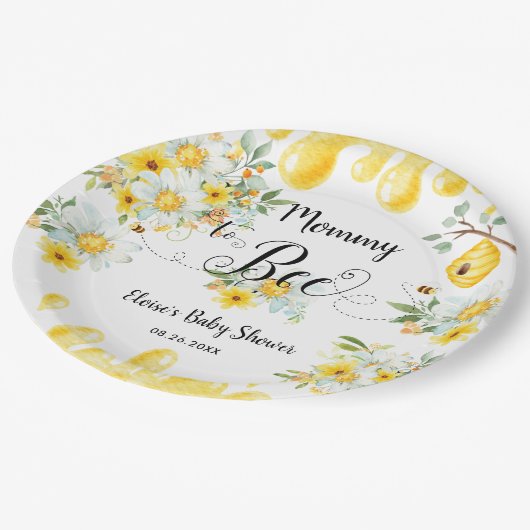 Niedliche Honey Bees Yellow Floral Baby Dusche Pappteller (Schrägansicht)