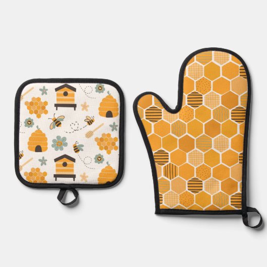 Niedliche Honeycomb Happy Funny Bee Yellow Pattern Ofenhandschuh & Topflappen-Set (Vorderseite)