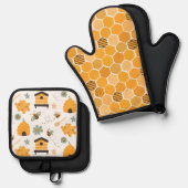 Niedliche Honeycomb Happy Funny Bee Yellow Pattern Ofenhandschuh & Topflappen-Set (Vorderseite/Rückseite)