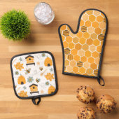 Niedliche Honeycomb Happy Funny Bee Yellow Pattern Ofenhandschuh & Topflappen-Set (Oben Unten)