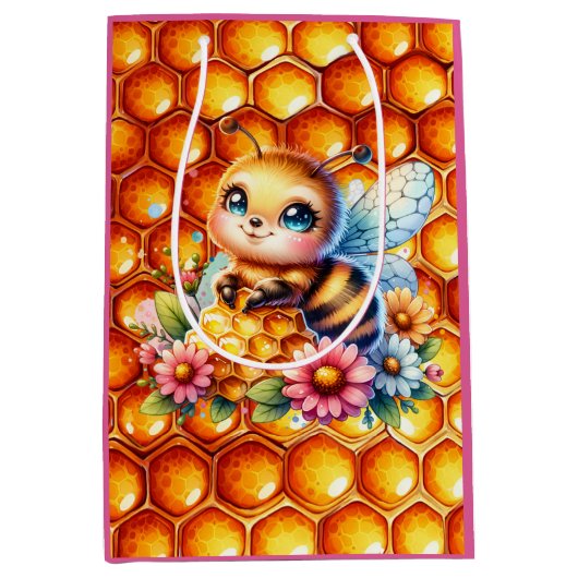 Niedliche Honigbiene und Honeycomb Themed Baby Dus Mittlere Geschenktüte (Vorderseite)