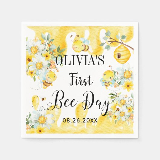 Niedliche Honigbienen Gelbe Flora Geburtstag Serviette (Vorderseite)