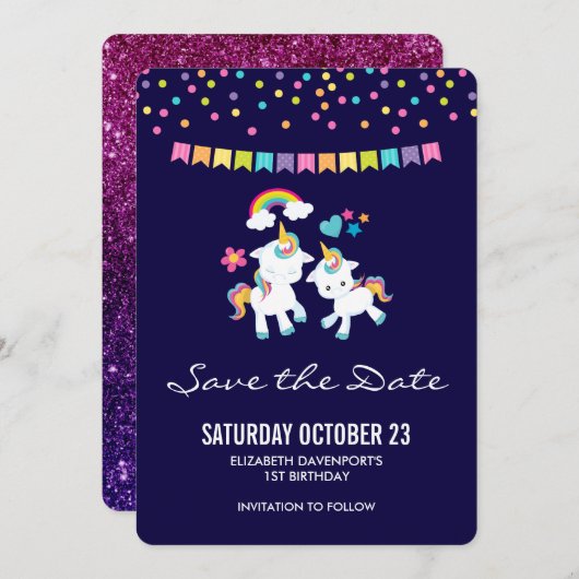 Niedliche Hörner Magischer Regenbogen & Sterne Geb Save The Date (Vorne/Hinten)