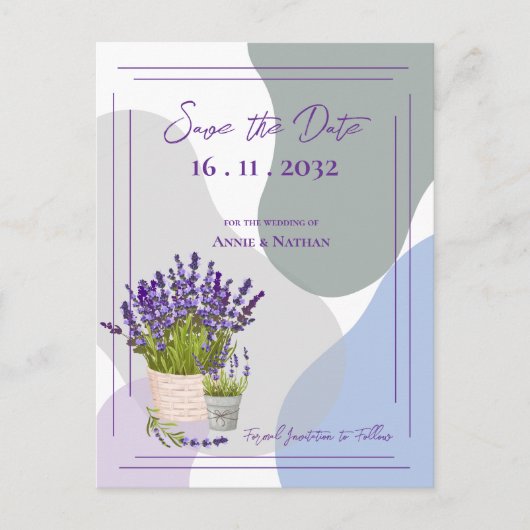 Niedliche Hübsche Lavender Themed Floral Wedding Ankündigungspostkarte (Vorderseite)