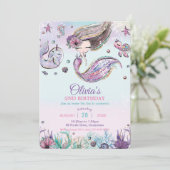 Niedliche Hübsche Meerjungfrau Lila Geburtstag Einladung (Stehend Vorderseite)