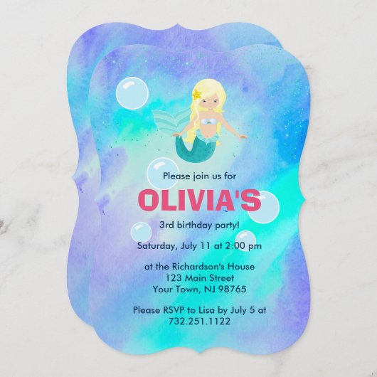 Niedliche Hübsche Meerjungfrau Mädchen Geburtstag Einladung (Vorne/Hinten)