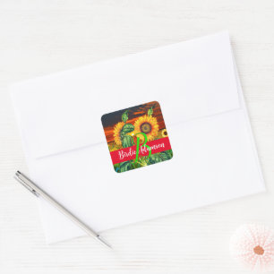 Niedliche Hübsche SunFlowers: Elegantes Monogramm, Quadratischer Aufkleber