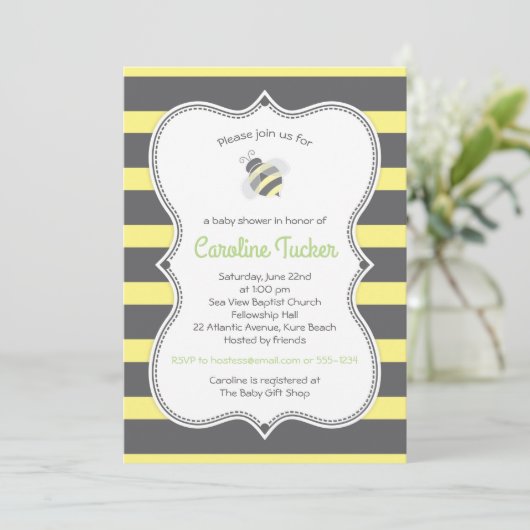 Niedliche Hummel Streifen Kinderdusche Einladung (Stehend Vorderseite)