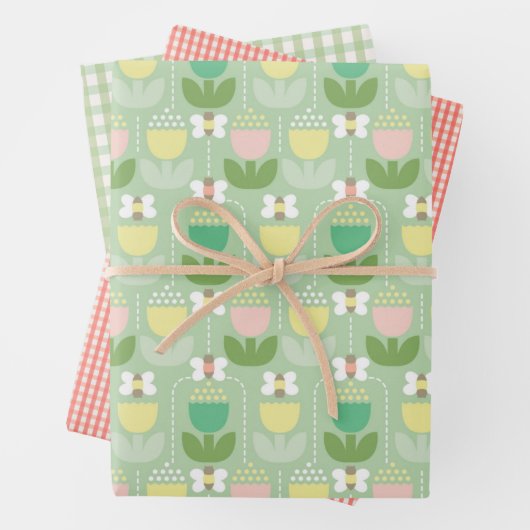 Niedliche Hummel, Tulips & Gingham | Rosa und Grün Geschenkpapier Set (Beispiel)