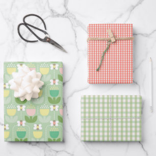 Niedliche Hummel, Tulips & Gingham   Rosa und Grün Geschenkpapier Set