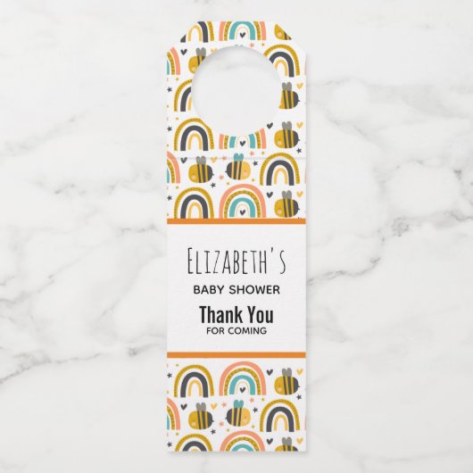 Niedliche Hummel und Regenbogen Muster Babydusche Flaschenanhänger (Vorderseite)