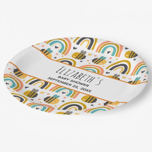 Niedliche Hummel und Regenbogen Muster Babydusche Pappteller (Schrägansicht)