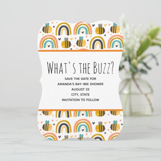 Niedliche Hummel und Regenbogen Muster Babydusche Save The Date (Stehend Vorderseite)
