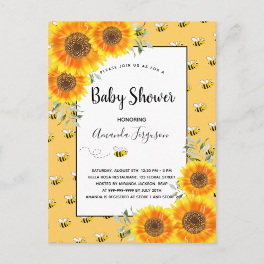 Niedliche Hummelgelbe Sonnenblumen Babydusche Postkarte (Vorderseite)