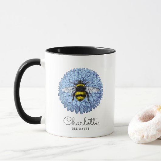 Niedliche Hummeln auf blauer Blume Name hinzufügen Tasse (Mit Donut)