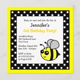 Niedliche Hummeln Birthday Black & Yellow Polka Do Einladung