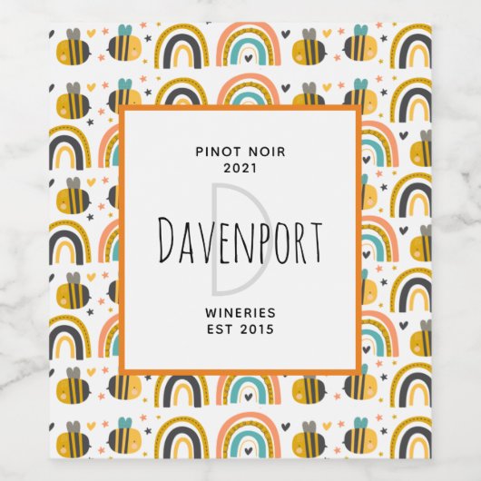 Niedliche Hummeln und Regenbogen Muster Weinkeller Weinetikett (Einzelnes Label)