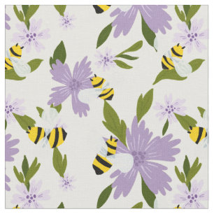 Niedliche Hummeln und violette Blumen Stoff