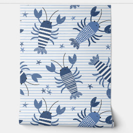 Niedliche Hummer auf hellblauen und weißen Streife Tapete